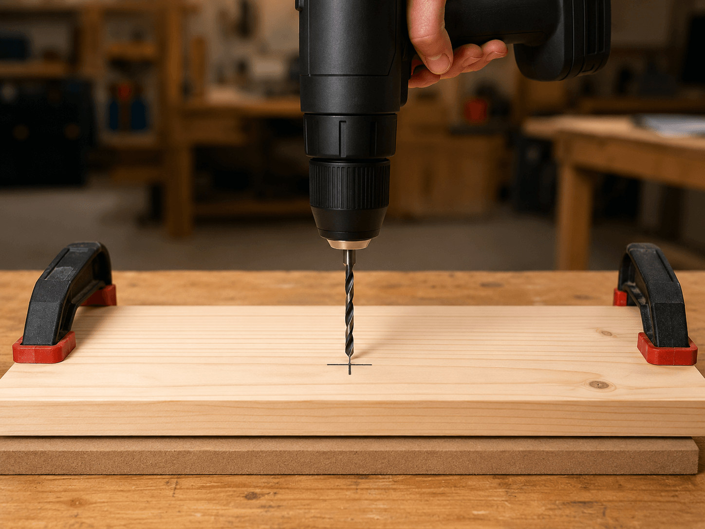 Close-up of a drill bit aligned vertically above a marked pine board