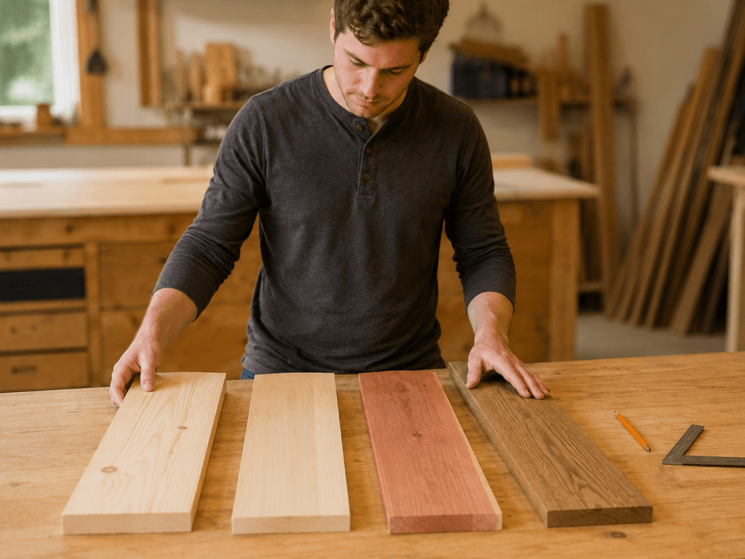 Beginner comparing pine, poplar, cedar, and oak boards for a woodworking project