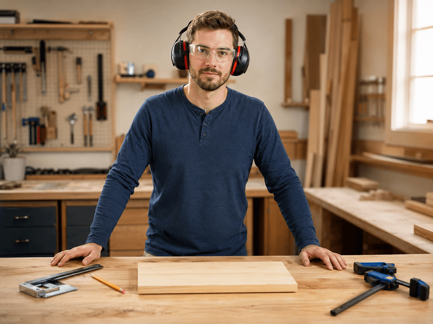 Beginner woodworking safety with safety glasses and hearing protection in a clean workshop