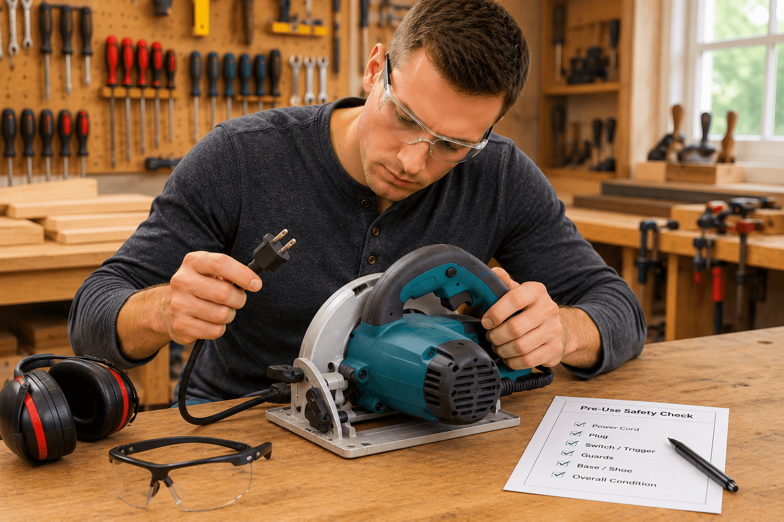 Beginner inspecting an unplugged circular saw before use in a woodworking workshop