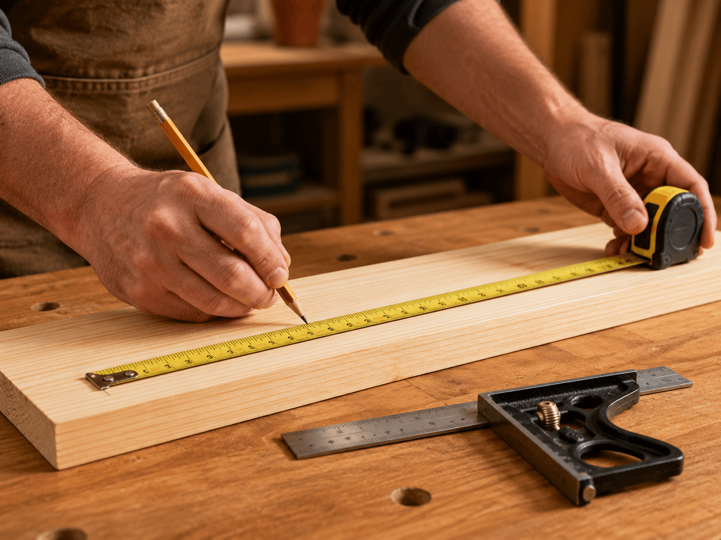 Beginner measuring and marking a pine board accurately on a clean workbench