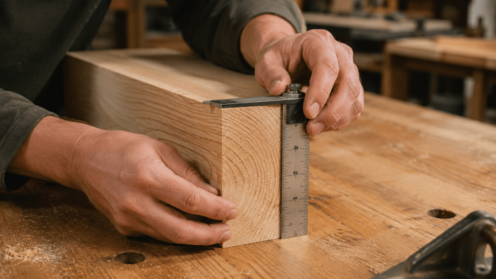 Carpenter checking the thickness of a lumber board with a combination square