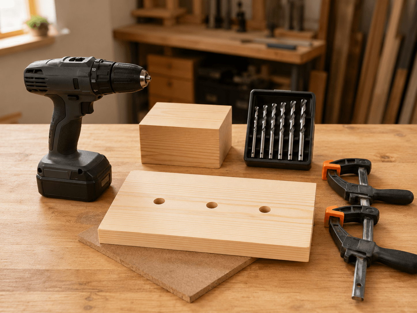 Cordless drill, brad-point bits, guide block, clamps, and drilled pine board