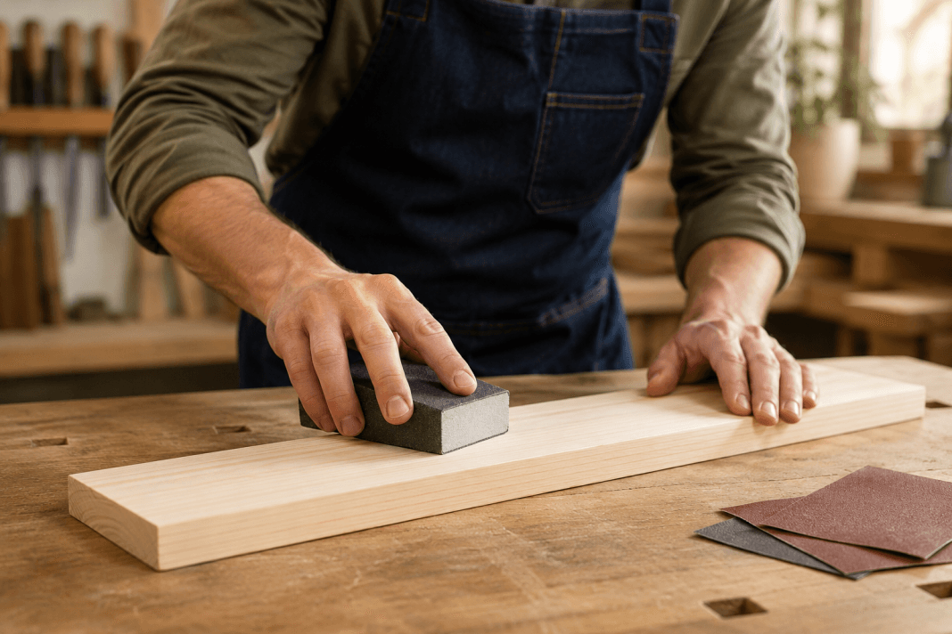 Beginner sanding a pine board with a sanding block on a clean workbench