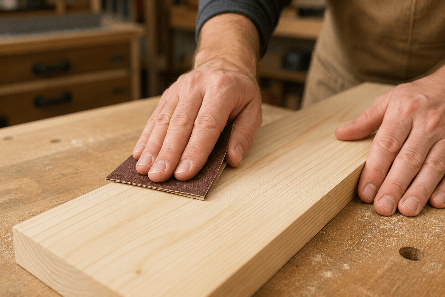 Close-up of sandpaper moving with the grain on a pine board