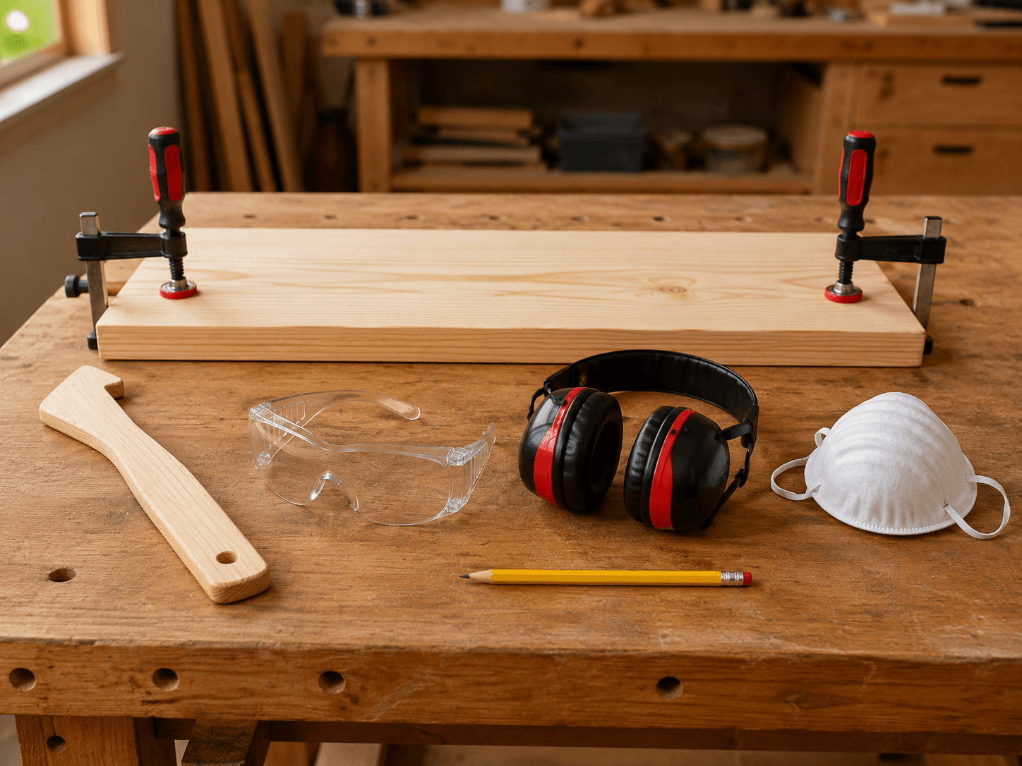 Clamped pine board with push stick, safety glasses, earmuffs, dust mask, and pencil on a clean workbench
