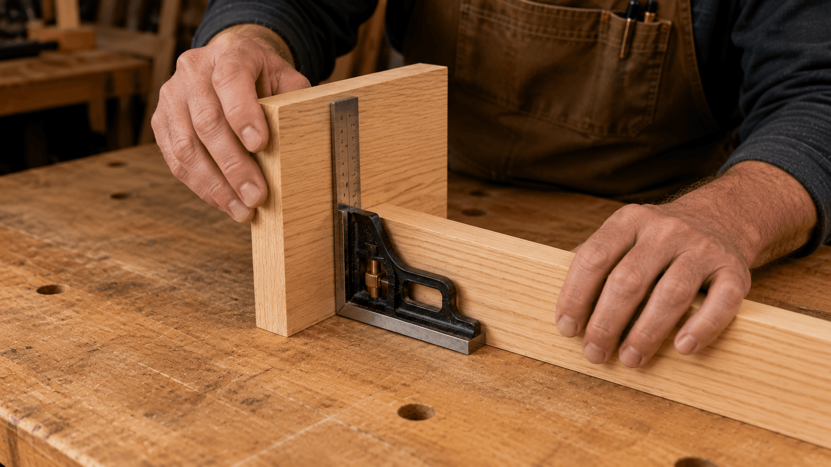 Carpenter dry-fitting two wooden parts and checking the corner with a square