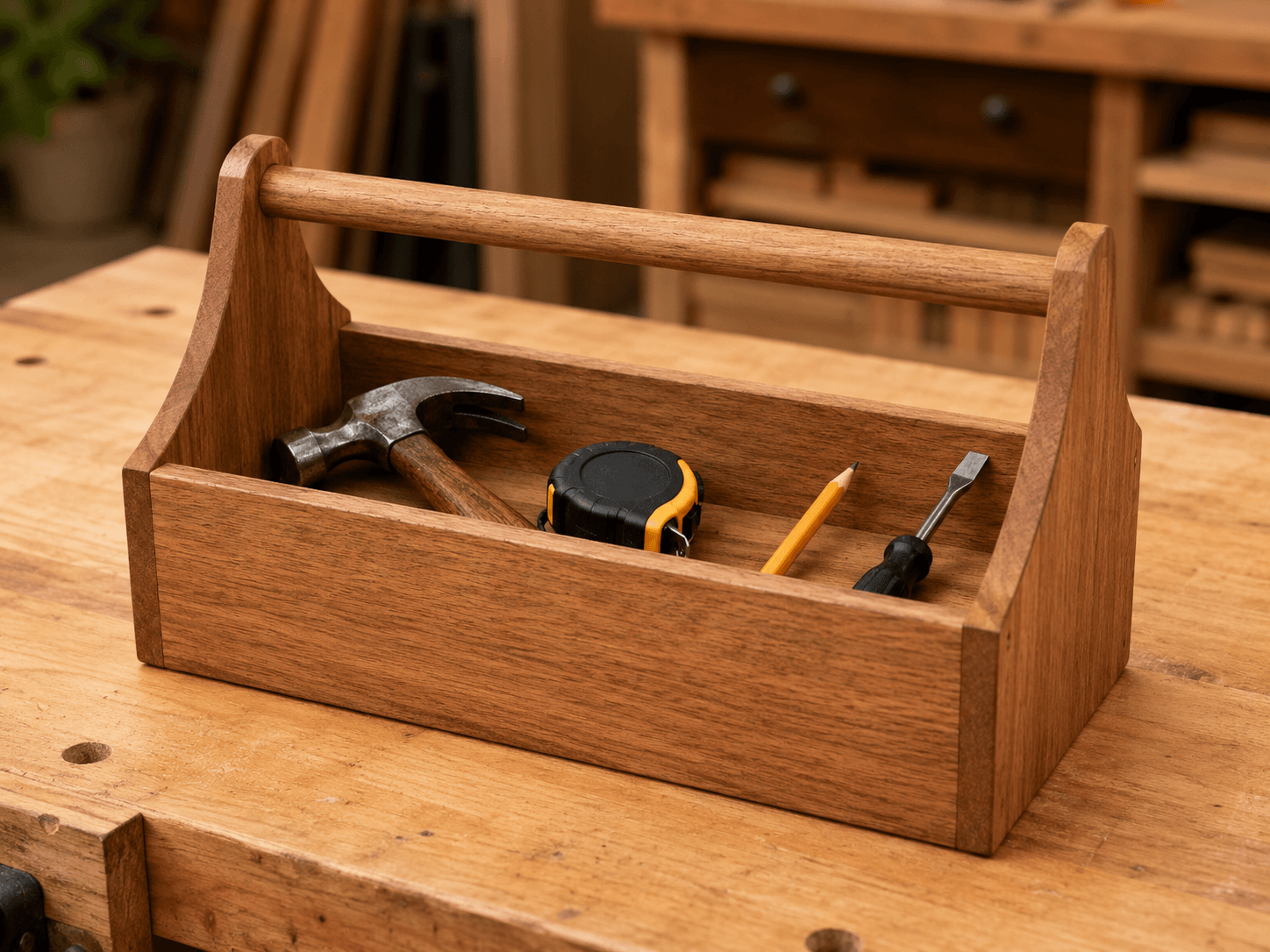 Completed wooden tool tote with basic hand tools on a workshop bench