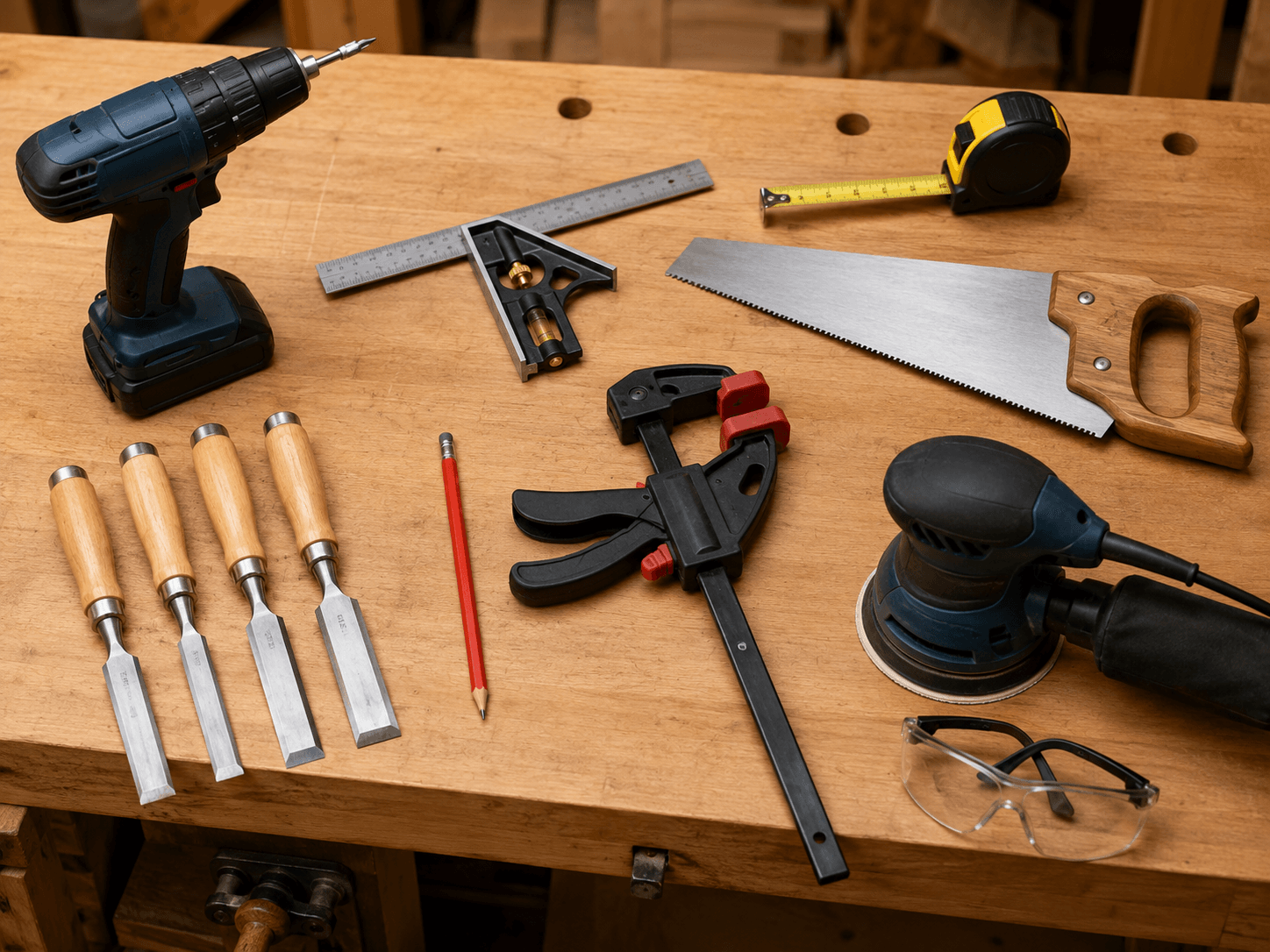 Essential woodworking tools for beginners arranged on a tidy wooden workbench.