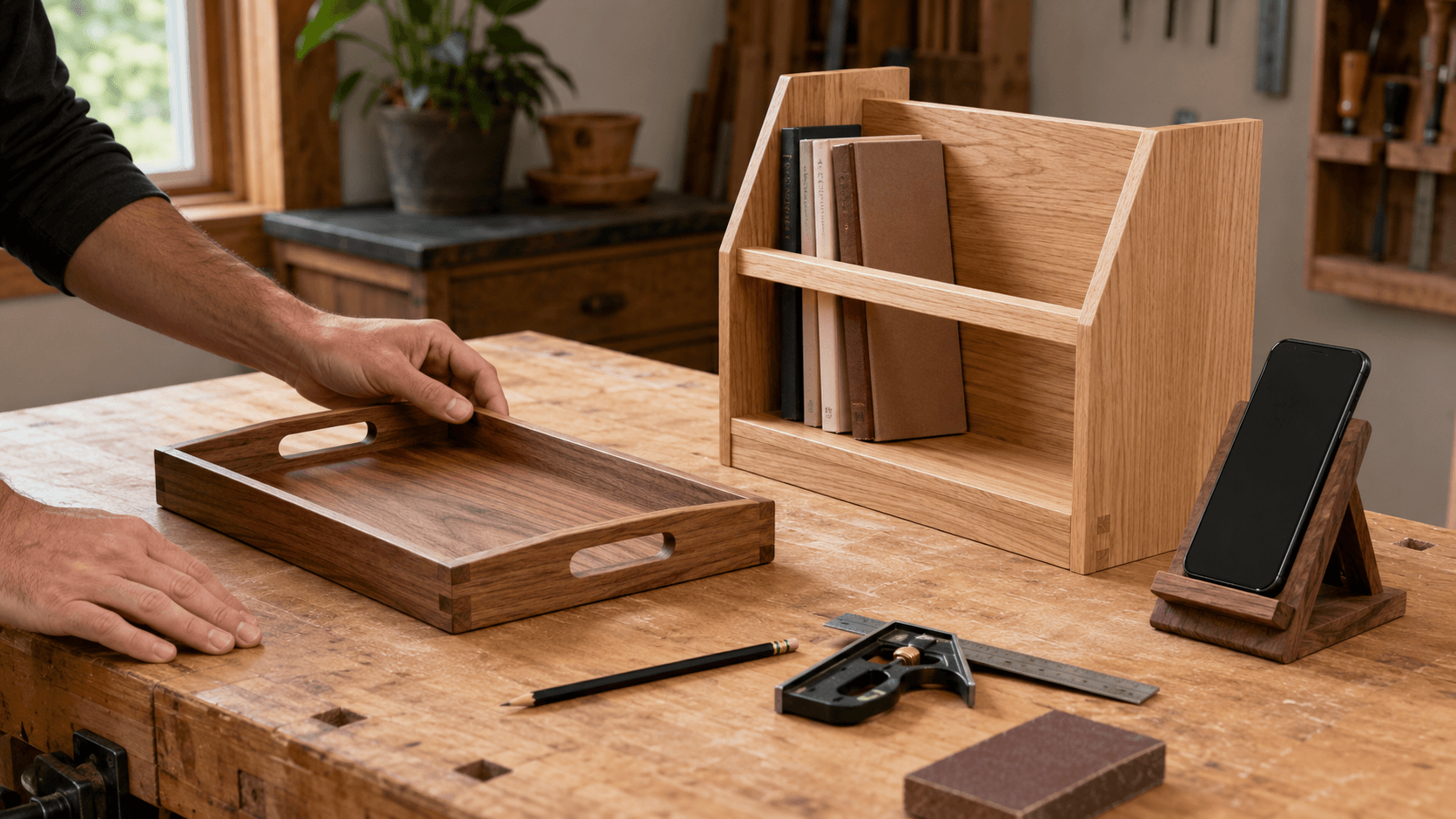 Small woodworking projects for a weekend displayed on a workshop bench
