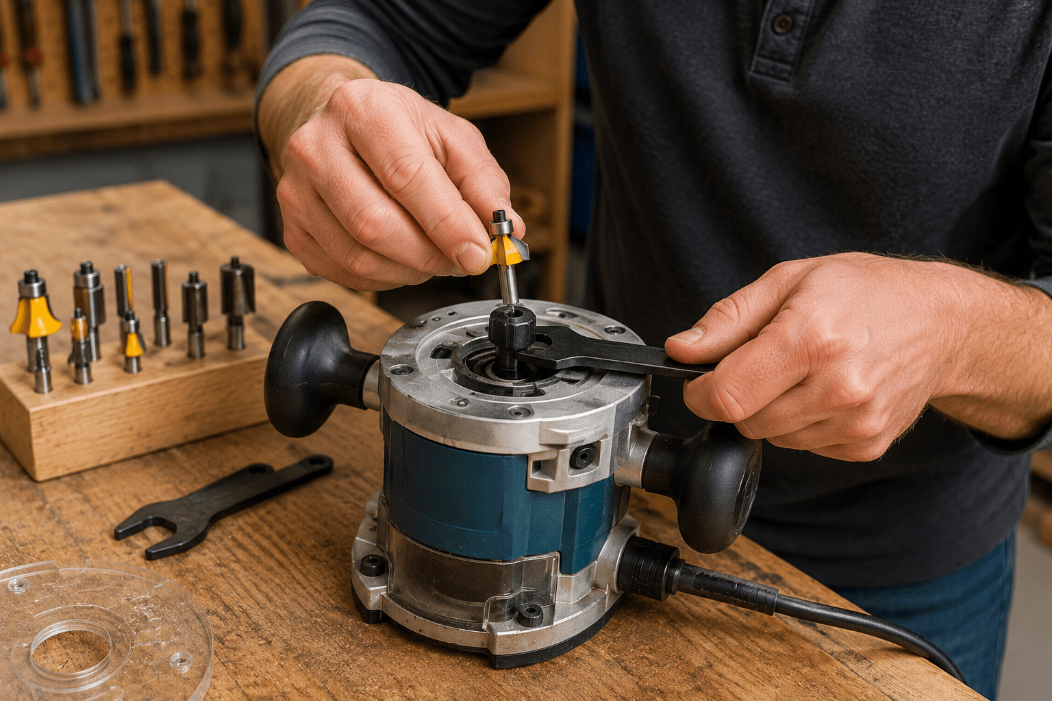 Installing a router bit into the collet with a wrench