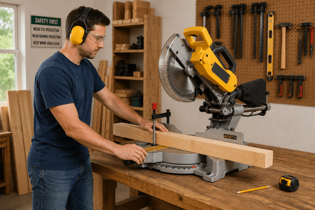 Beginner woodworker safely setting up a board on a miter saw with eye and hearing protection