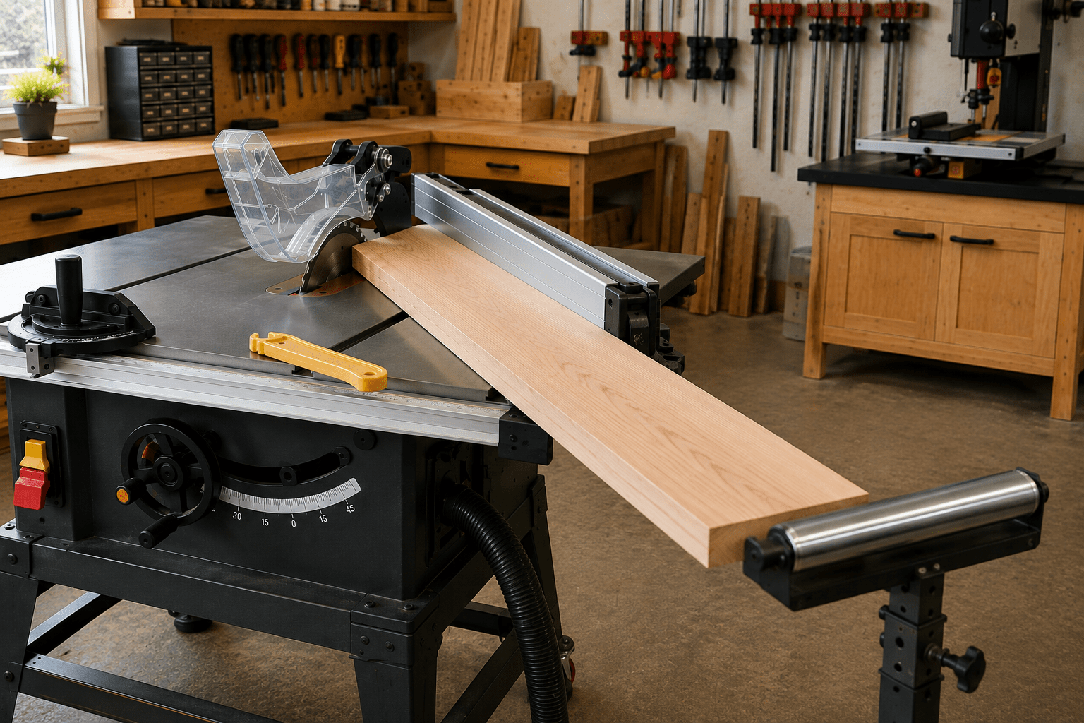 Long board supported by a roller stand while positioned on a table saw