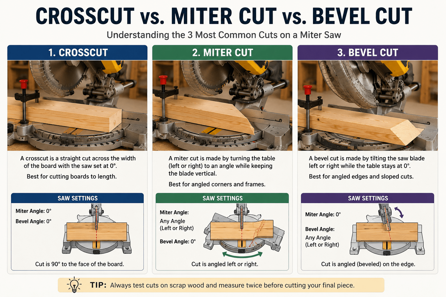 Diagram comparing a crosscut, miter cut, and bevel cut on a miter saw with the saw settings for each