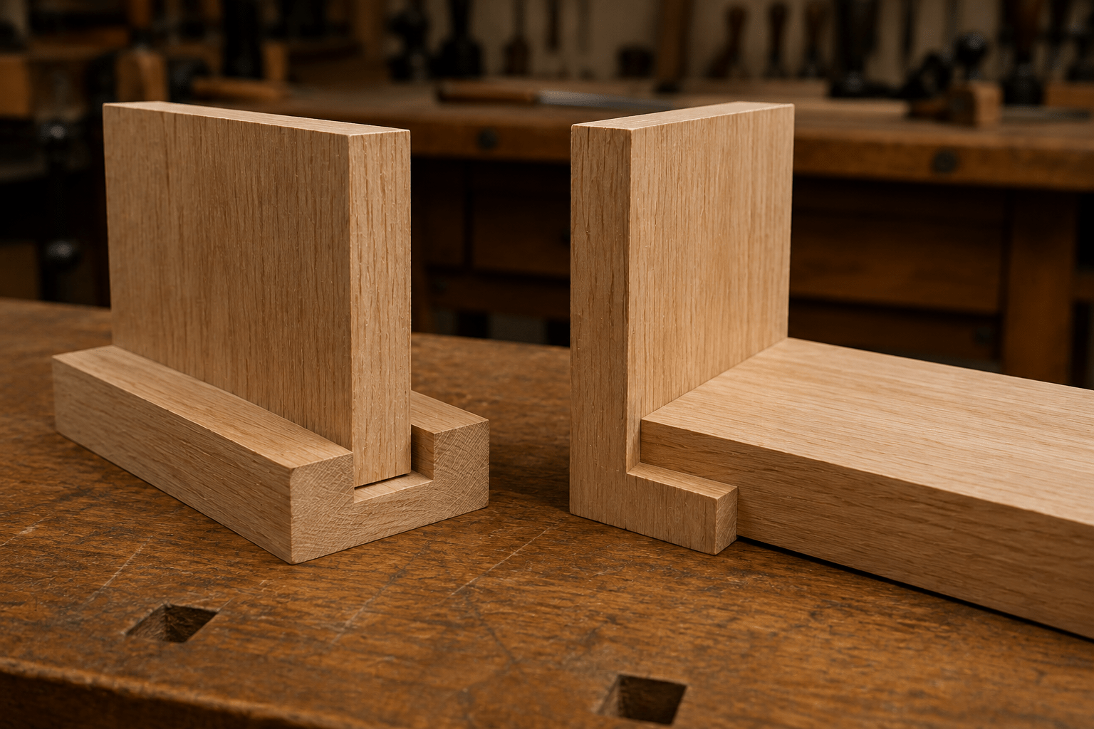 Dado joint and rabbet joint examples on a woodworking bench