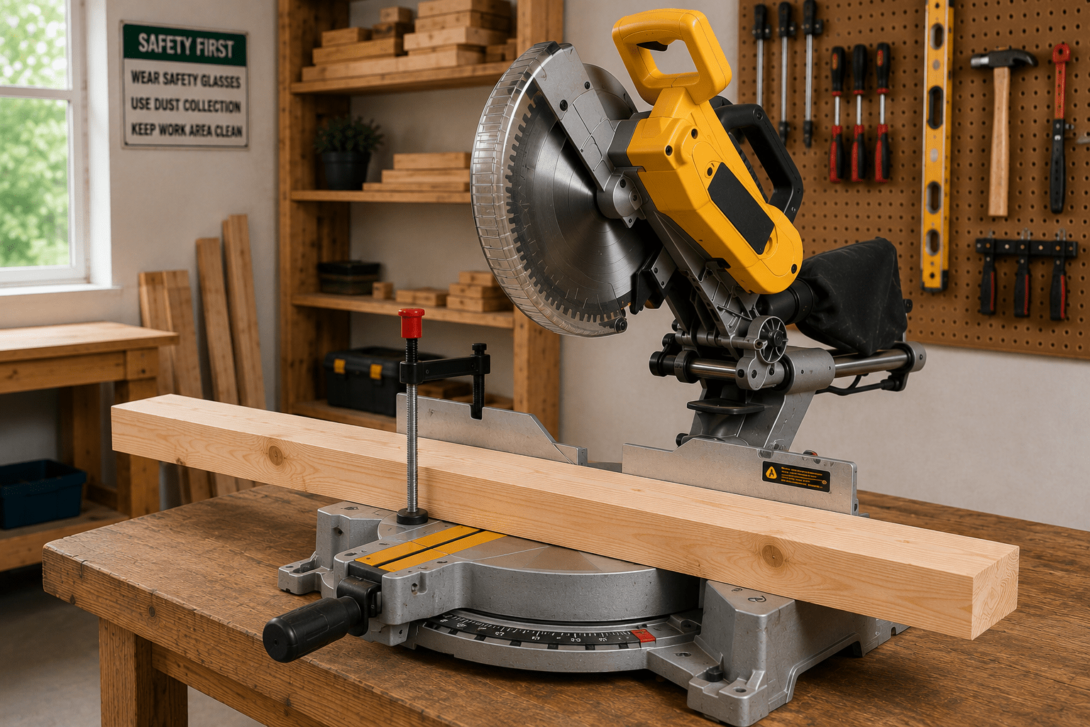 Board positioned and clamped against the fence of a miter saw before making a cut