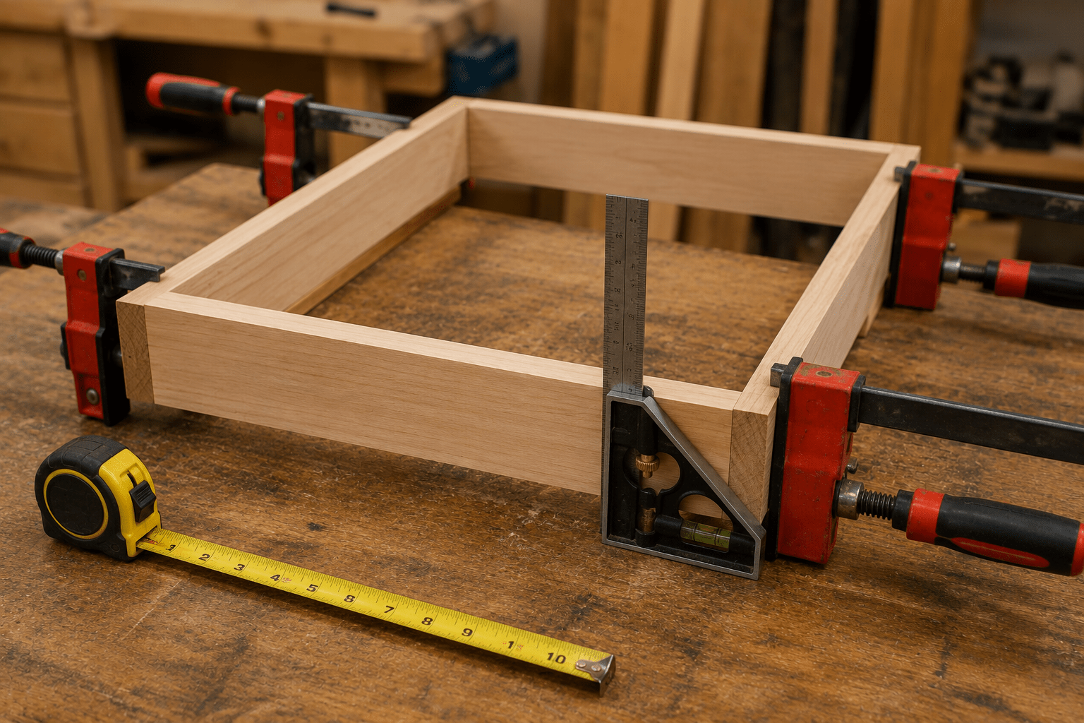 Rectangular woodworking assembly held in clamps while a combination square checks the corner
