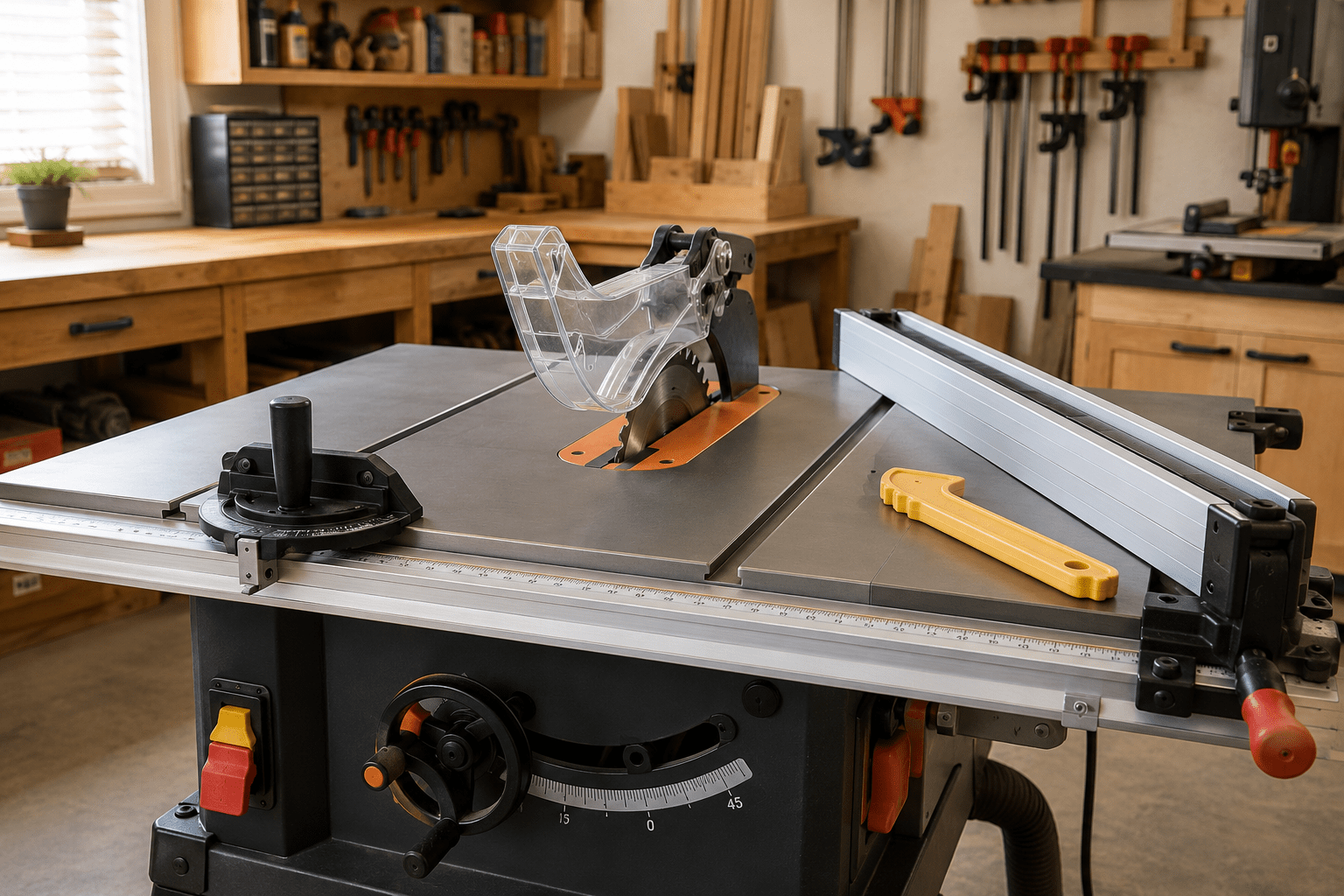 How to use a table saw for beginners with blade guard, rip fence, miter gauge and push stick