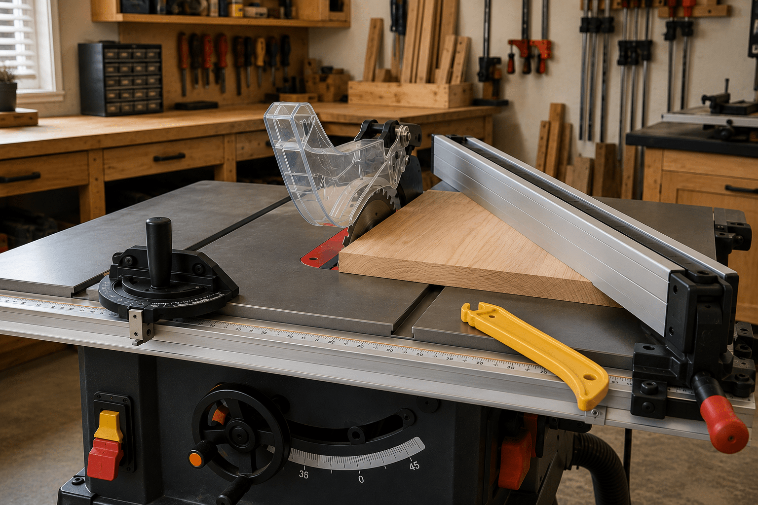 Table saw prepared for a rip cut with board against the rip fence and push stick nearby