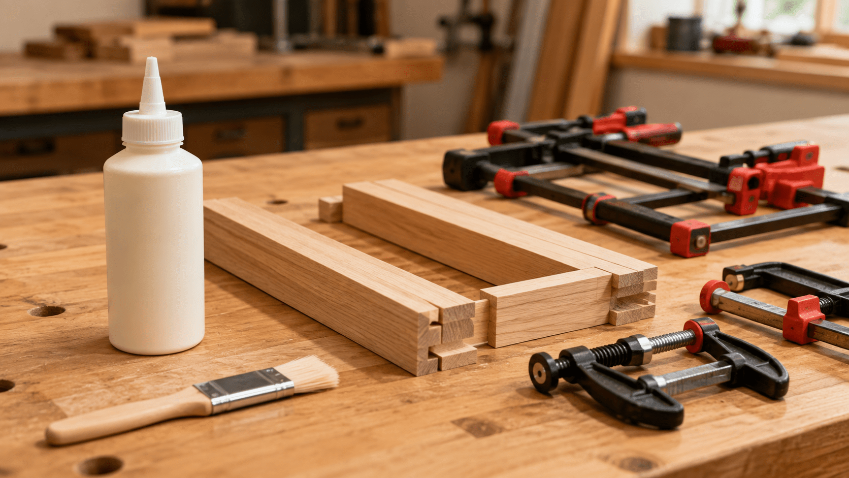 Wood glue, prepared wood joints, clamps, and glue brush arranged on a woodworking bench