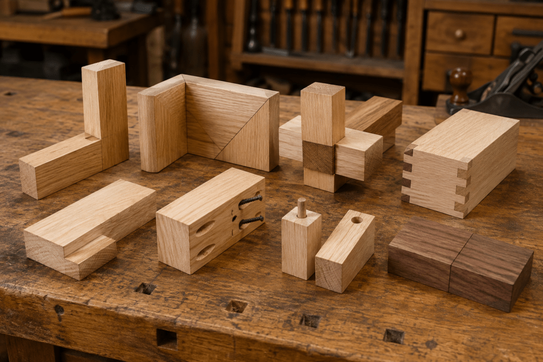 Common woodworking joints for beginners arranged on a workbench