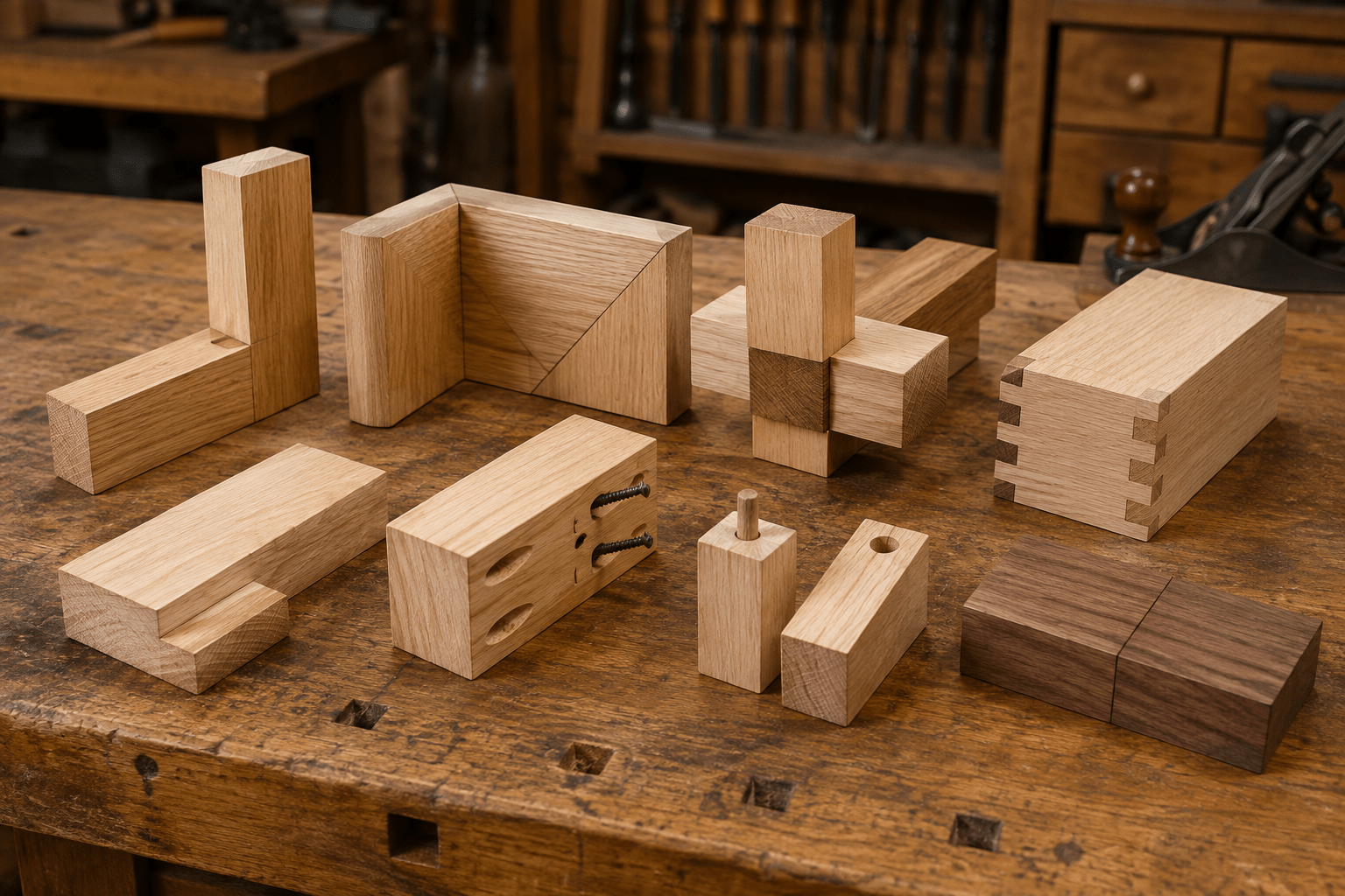 Common woodworking joints for beginners arranged on a workbench