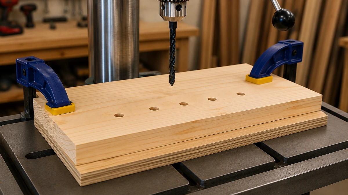 Clean evenly spaced holes drilled in a clamped wooden board on a drill press