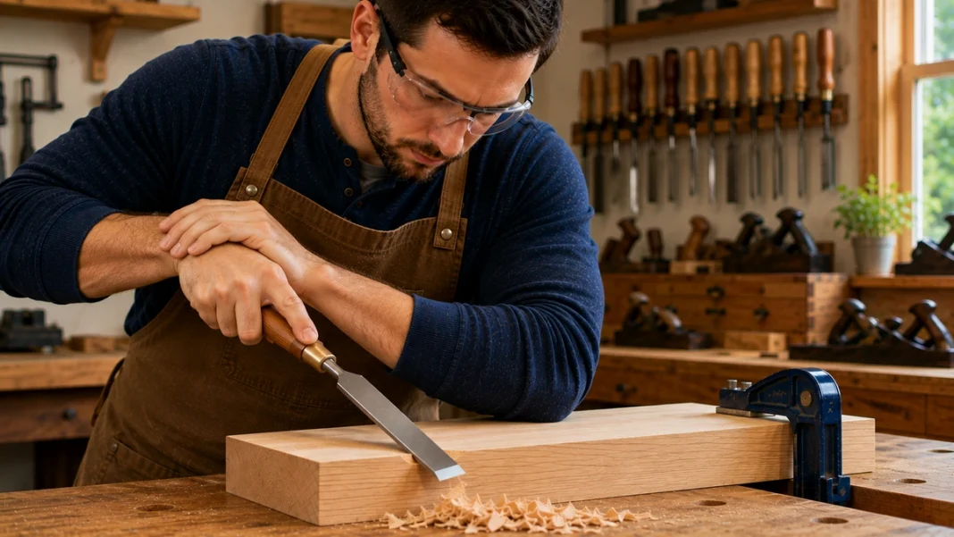 Beginner safely using a wood chisel on a securely clamped wooden board