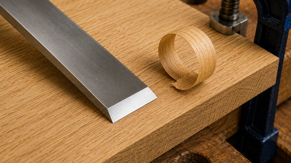 Close-up of a wood chisel bevel beside a thin shaving on a clamped wooden board