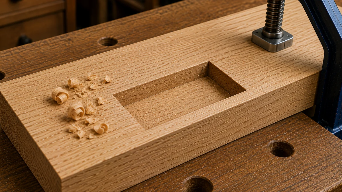 Hand-cut rectangular recess with fresh wood shavings in a clamped wooden board