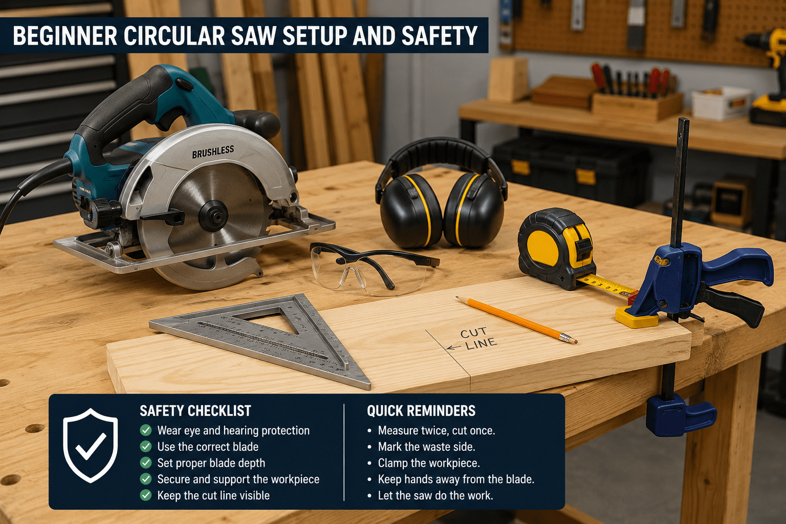 Circular saw beginner setup with safety glasses, hearing protection, speed square, clamps, and supported lumber