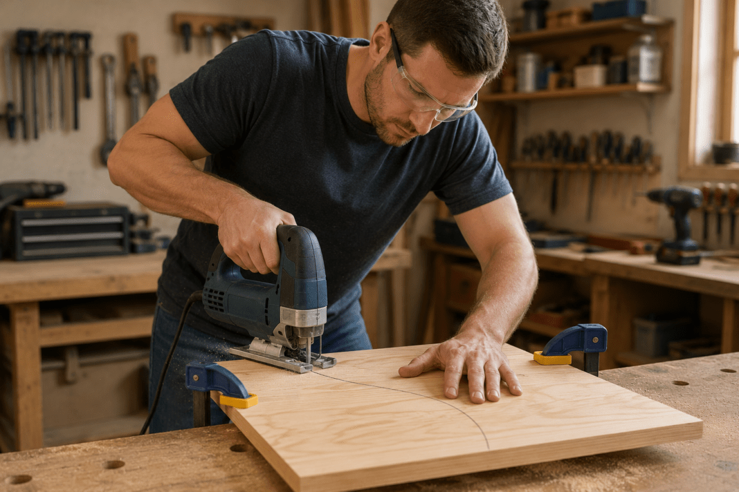 Beginner using a jigsaw to make a curved cut in a securely clamped wooden board