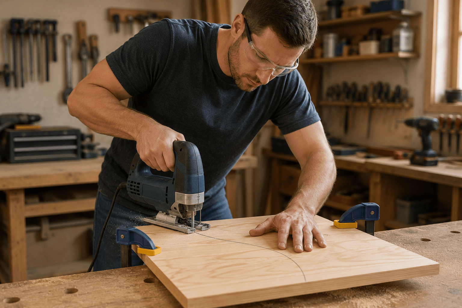 How to use a jigsaw for beginners with a securely clamped board and safety glasses