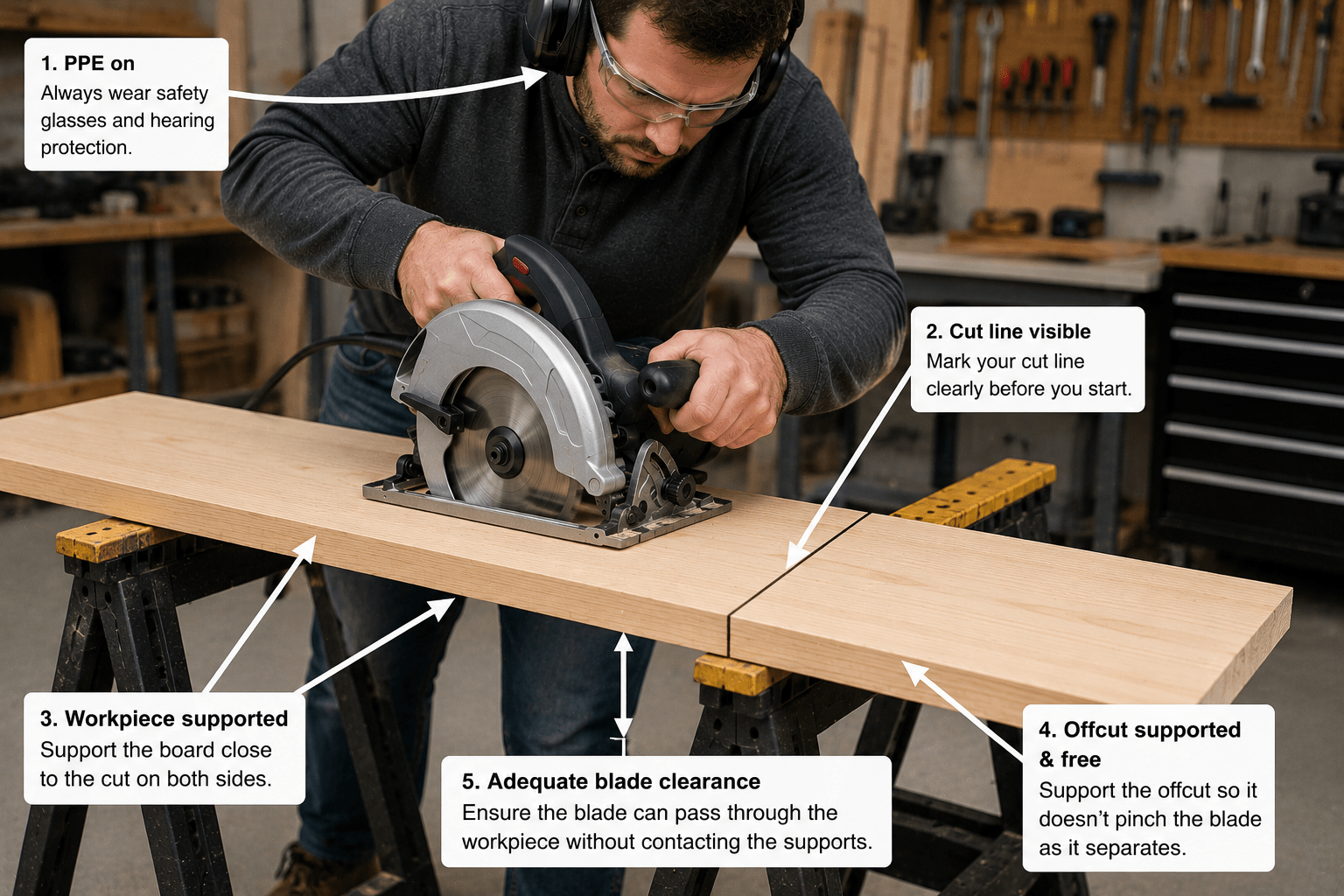 Beginner using a circular saw with safety glasses and hearing protection while the workpiece and offcut are properly supported