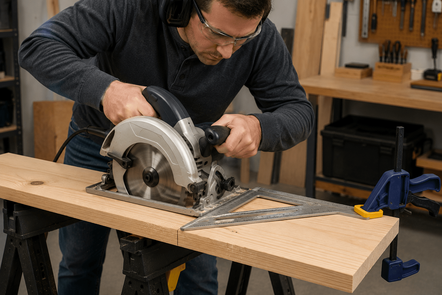 Beginner using a circular saw with safety glasses, hearing protection, and a speed square guide for a straight crosscut