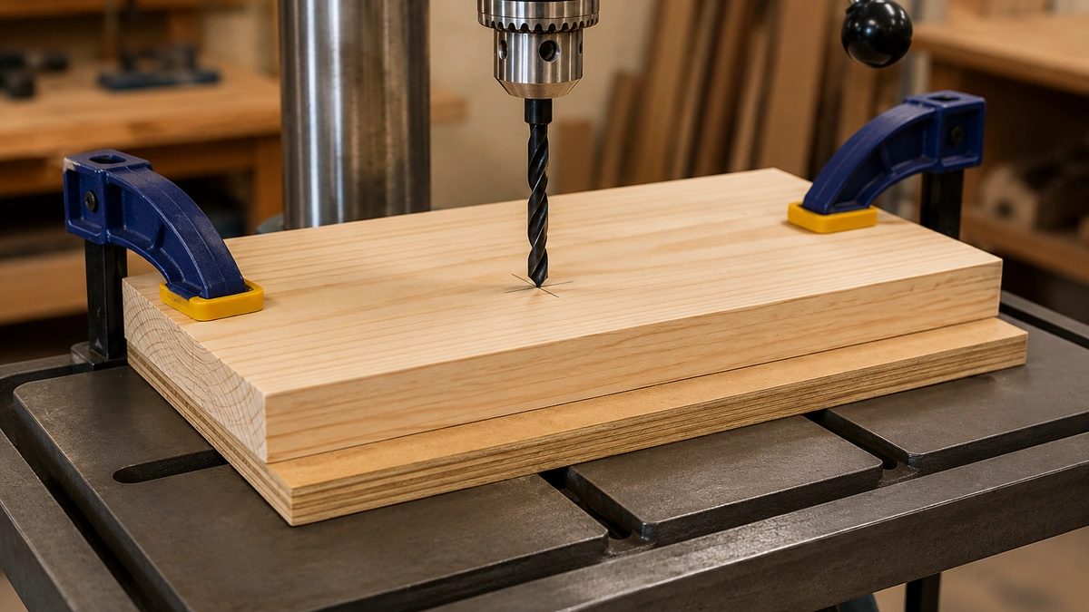 Wood board clamped to a drill press table with a sacrificial plywood backer board underneath