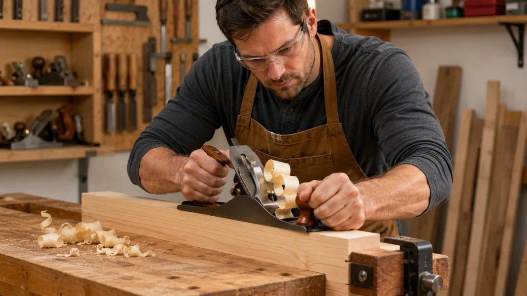 Beginner using a hand plane on a secured wooden board