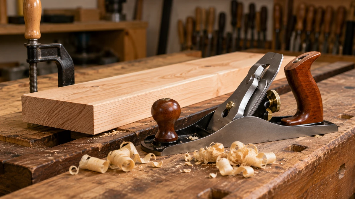 Hand plane beside a secured wooden board with thin wood shavings