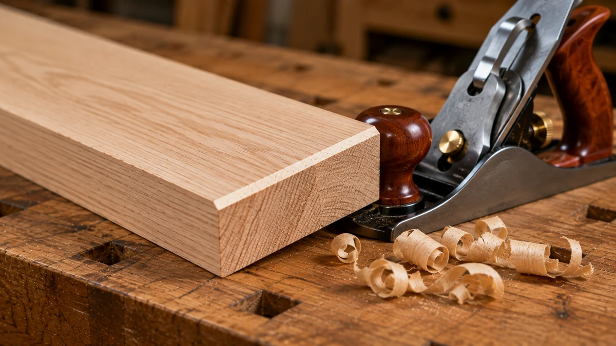 Finished chamfered wood edge beside a hand plane and wood shavings