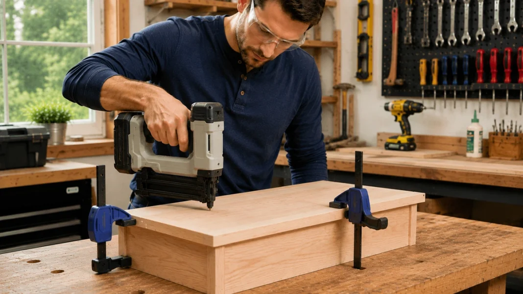 Beginner using a brad nailer on a securely clamped woodworking project