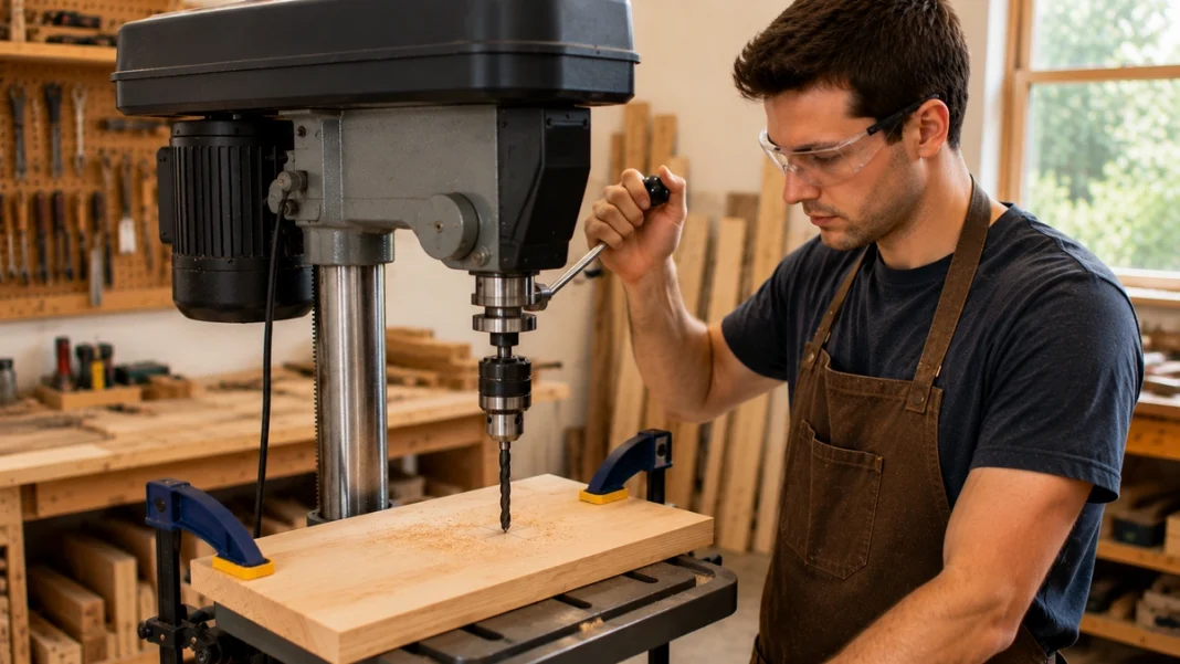 Beginner using a drill press on a securely clamped wooden board