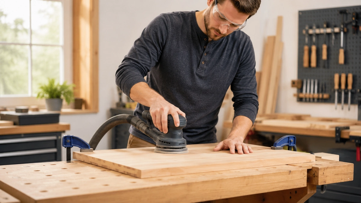 How to use a random orbital sander for beginners on a clamped wooden board