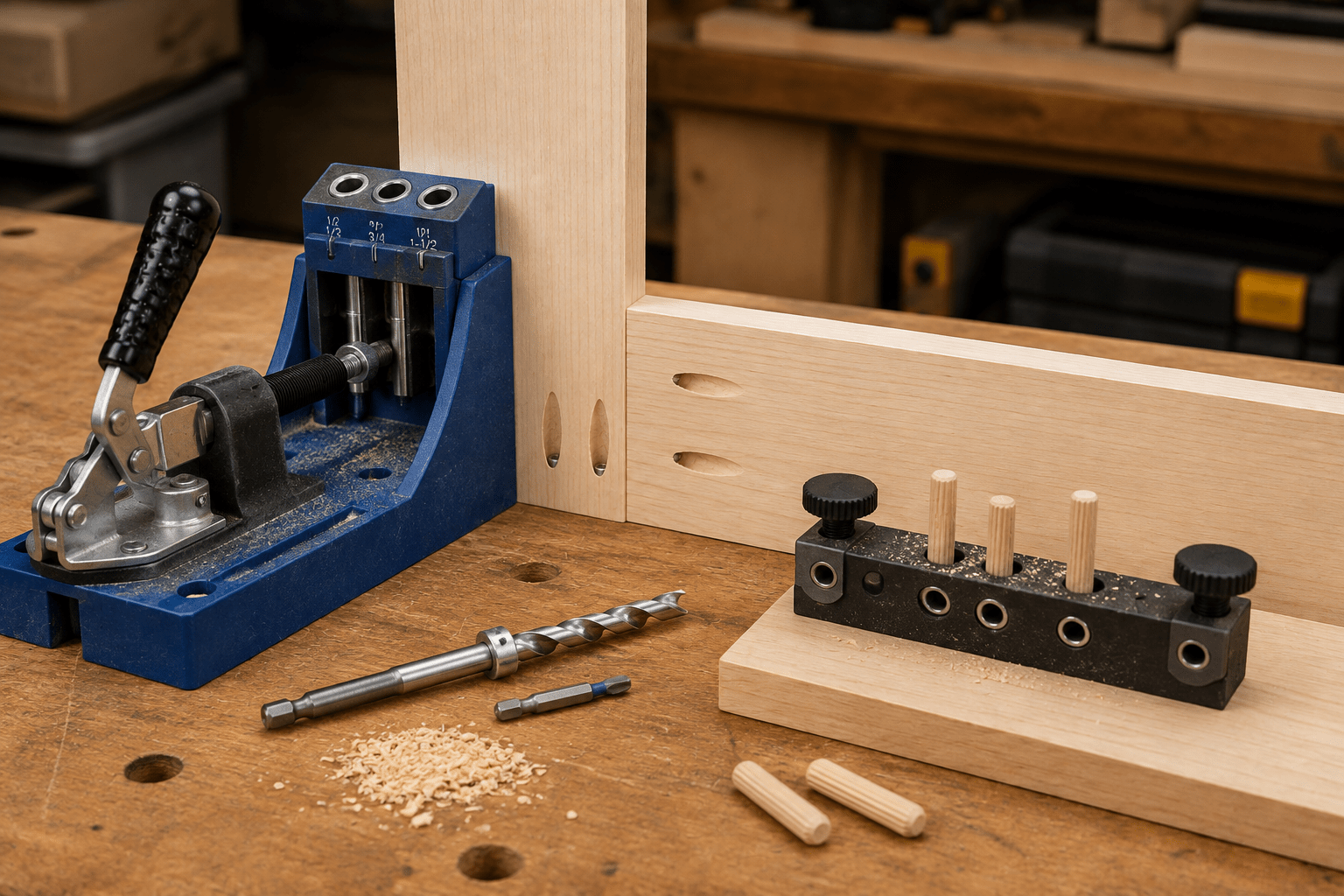 Pocket-hole jig and doweling jig setup for beginner woodworking joints