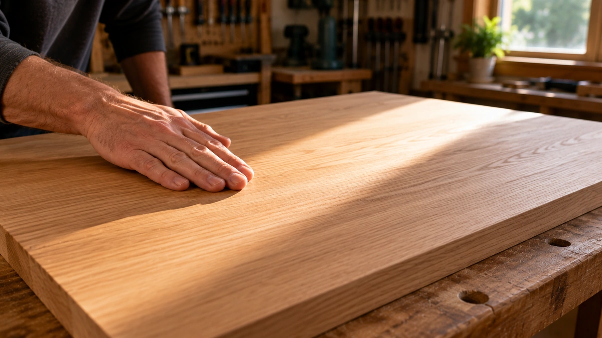 Hand inspecting a smoothly sanded wood surface under angled workshop light