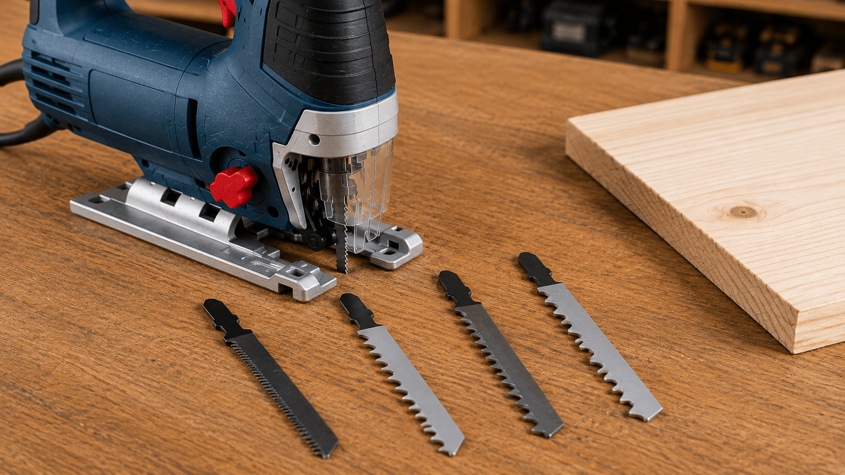 Different jigsaw blade types beside a jigsaw on a woodworking bench