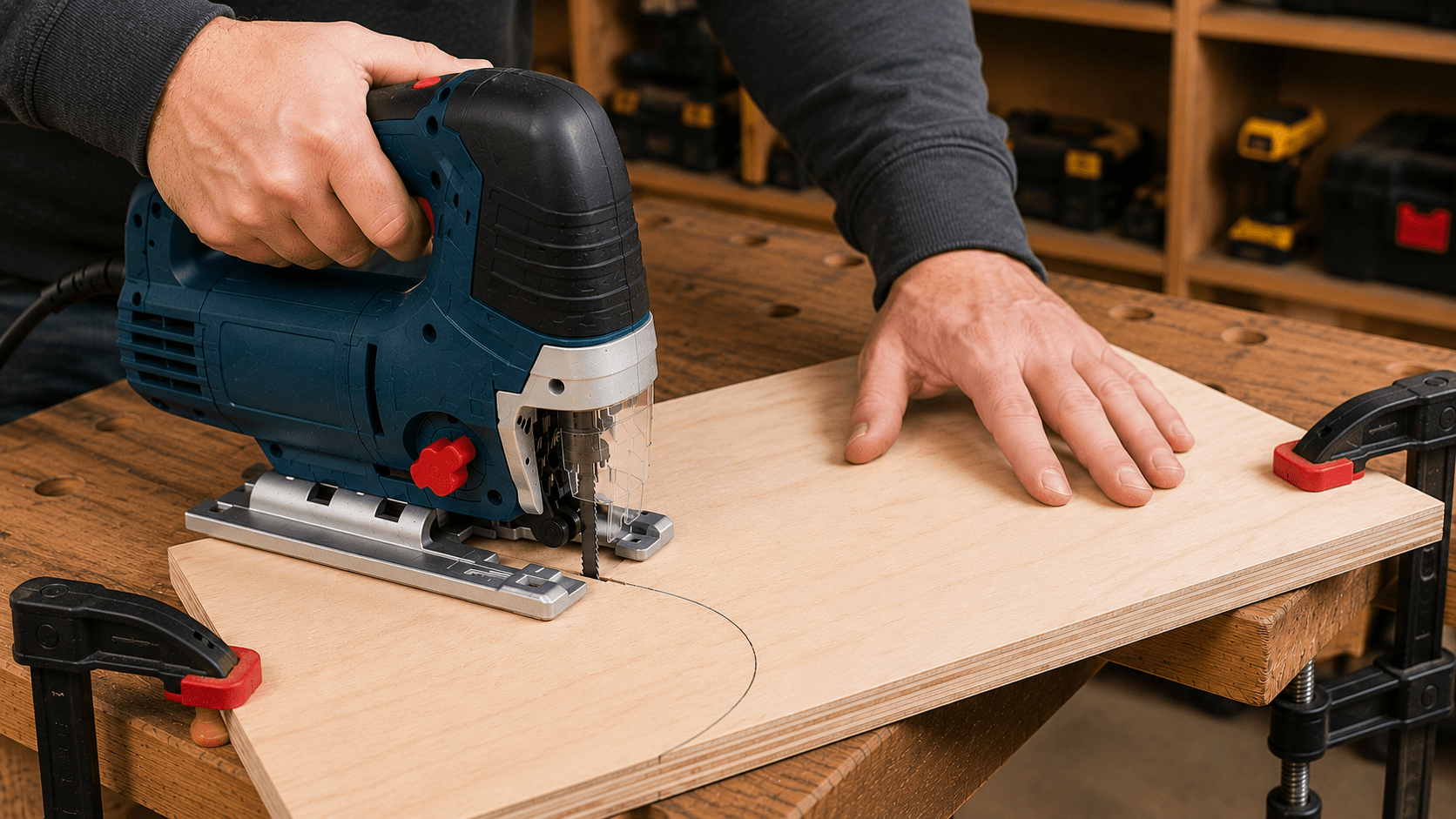 Beginner using a jigsaw to make a curved cut in securely clamped plywood