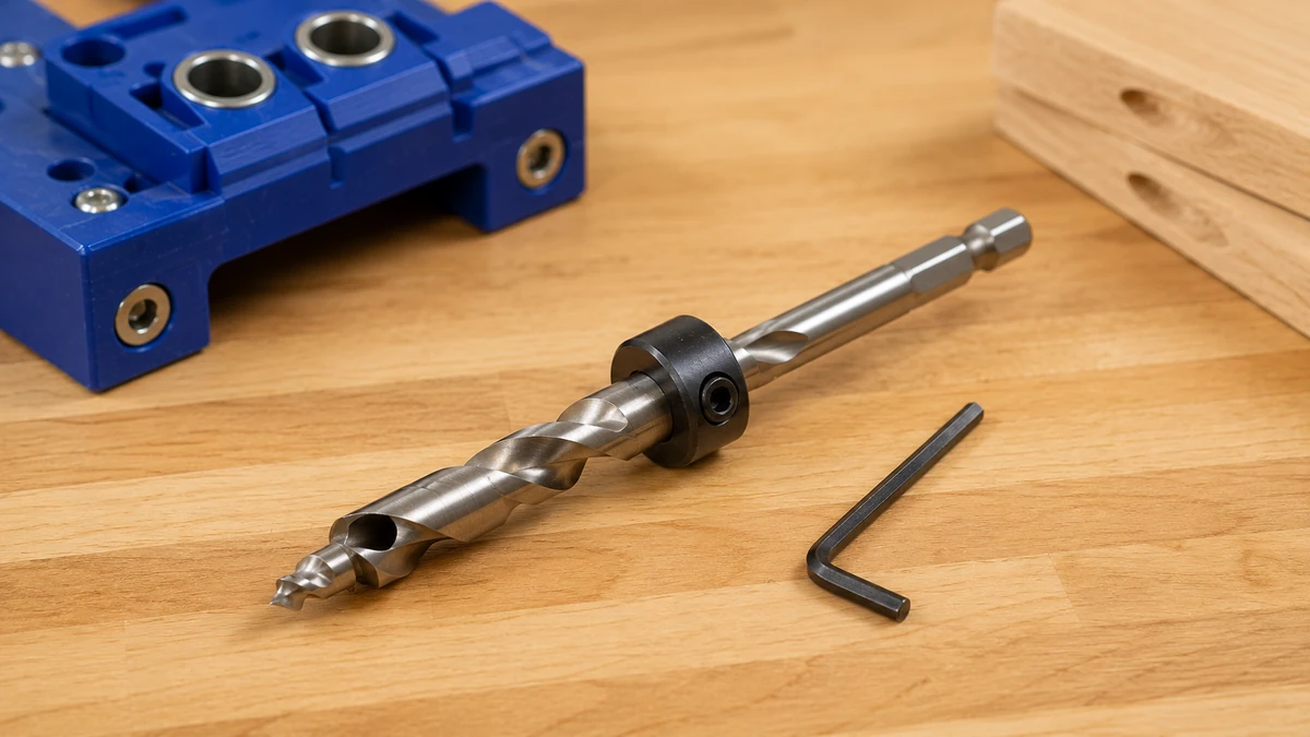 Pocket hole drill bit with depth stop collar and hex key