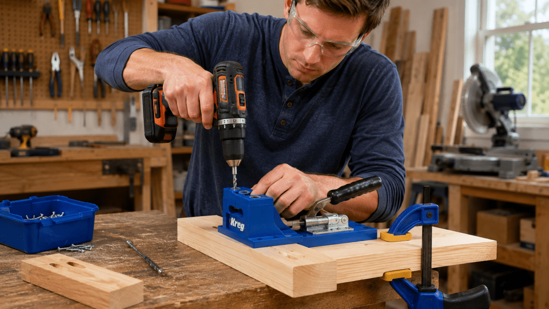 Beginner using a pocket hole jig with a cordless drill