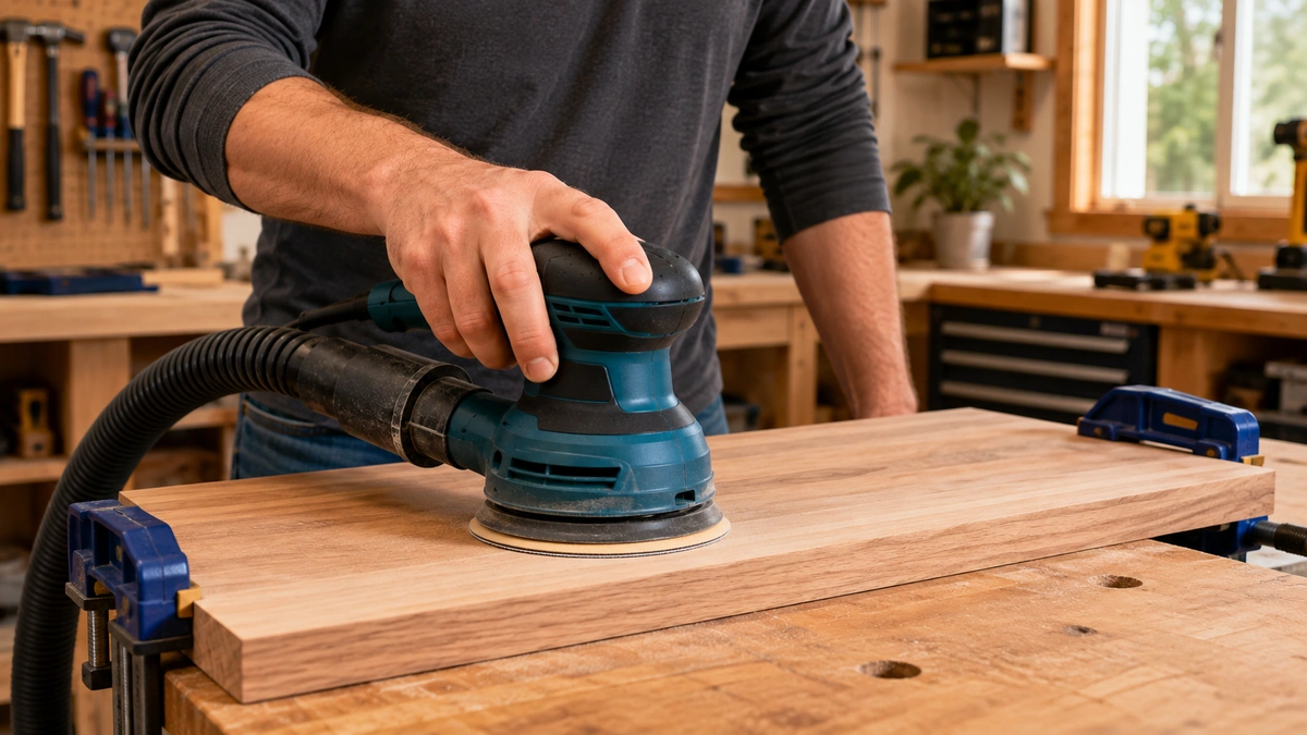 Random orbital sander held flat on wood with light controlled pressure