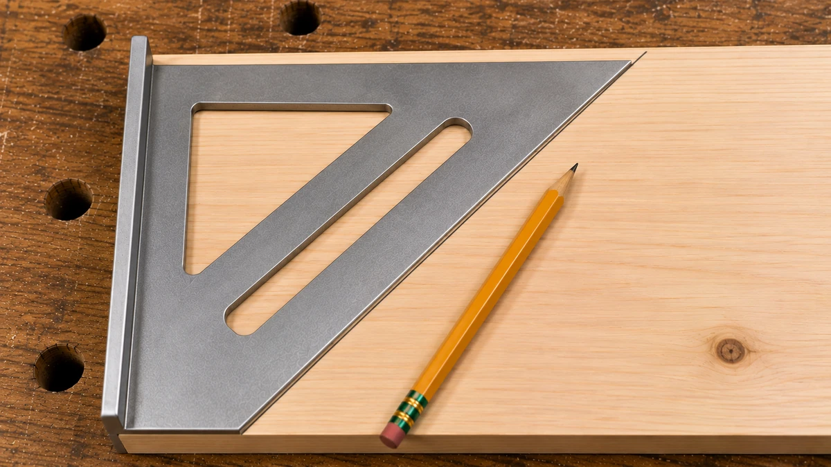 Speed square positioned on a wooden board to mark a diagonal angle